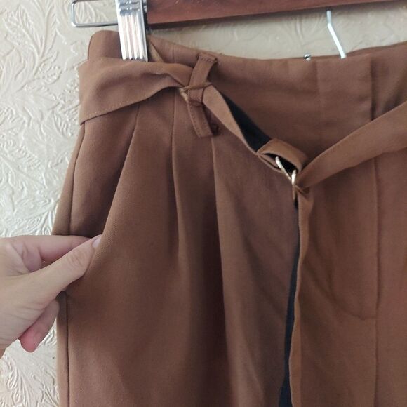 Primark Brown High Waist Pleated Belted Ankle Length Pants Sz US 4 - Picture 2 of 8